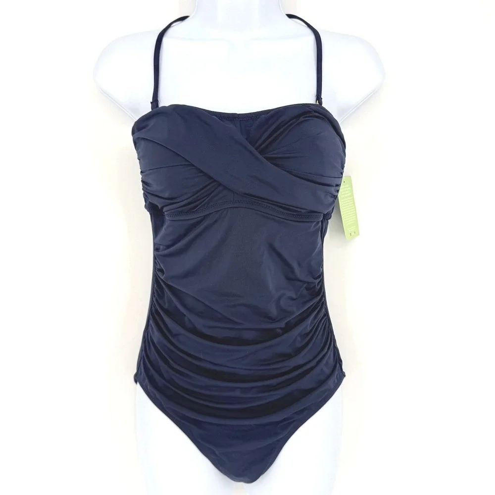 Garnet‎ Hill Navy Blue Ruched Crossover One Piece Swimsuit 33497 Womens 8 NEW